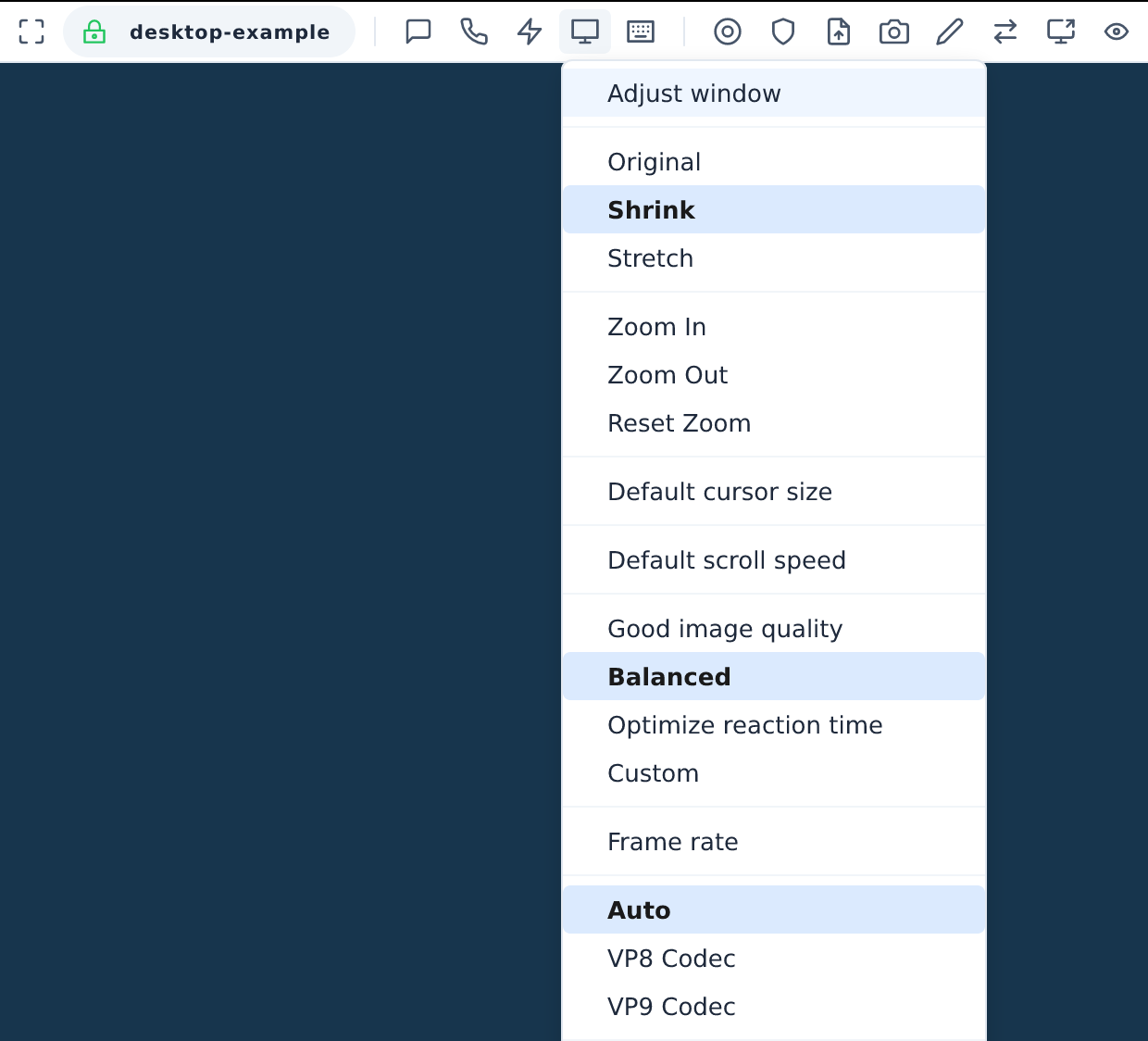 The Display menu in a remote session, with Frame rate below the quality presets