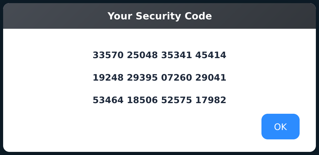 The security code window a controller sees during a session