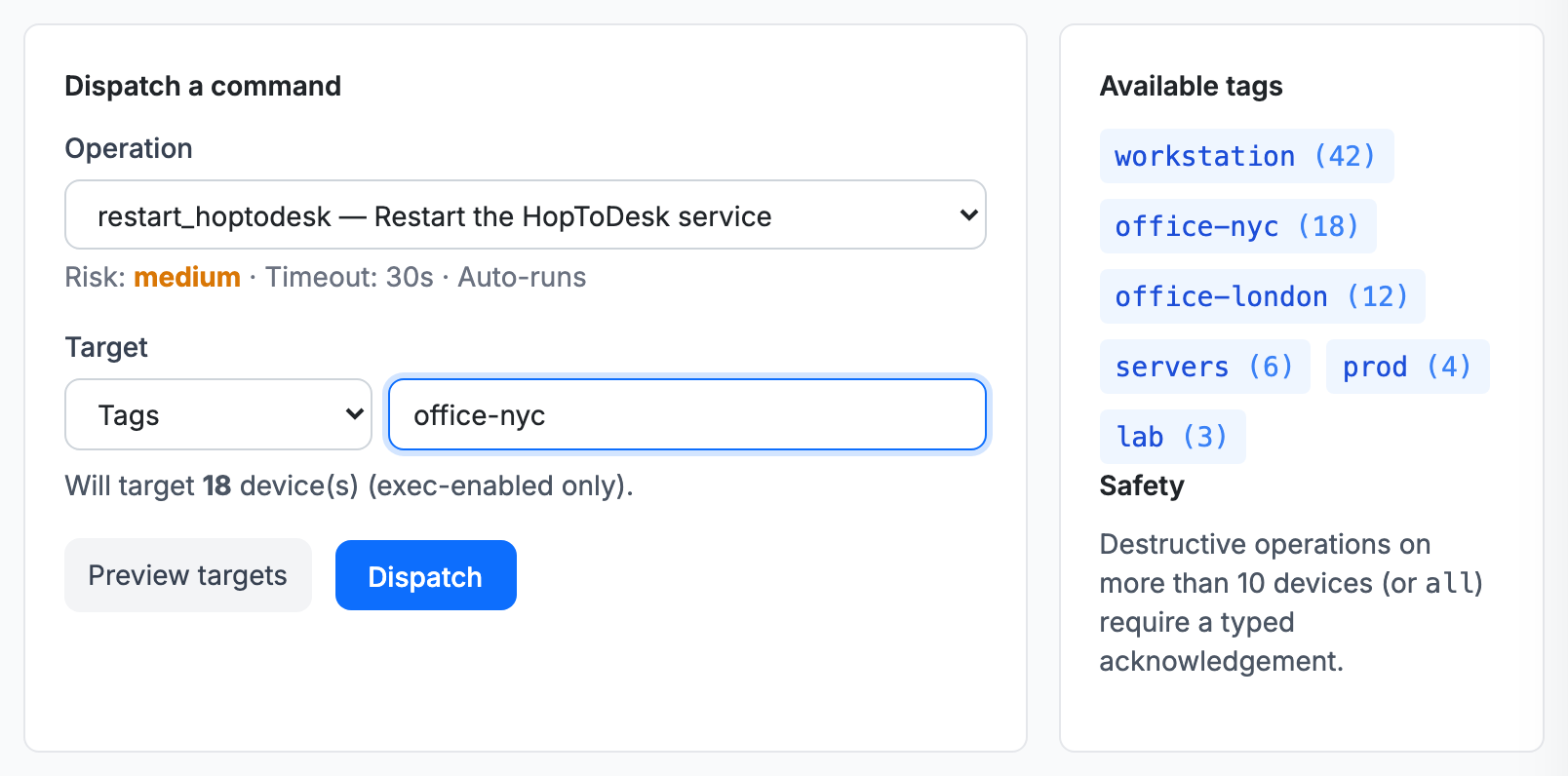The Fan-Out tab, set to restart the HopToDesk service on devices tagged office-nyc, with a preview of 18 devices