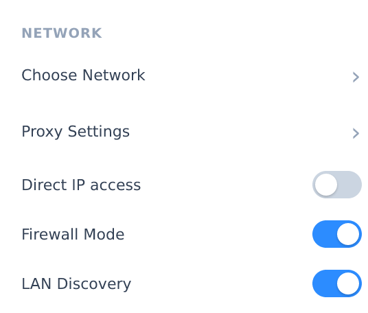 The Network section of the HopToDesk settings with Firewall Mode switched on