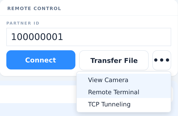 The connection menu next to Transfer File, with Remote Terminal listed