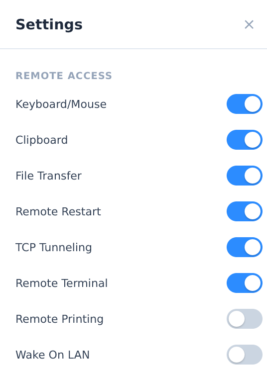 The Remote Access section of the HopToDesk settings with Remote Terminal switched on