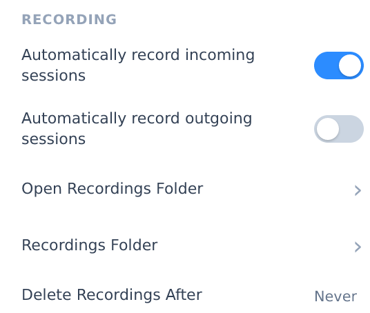 The Recording section of the HopToDesk settings with automatic recording of incoming sessions switched on