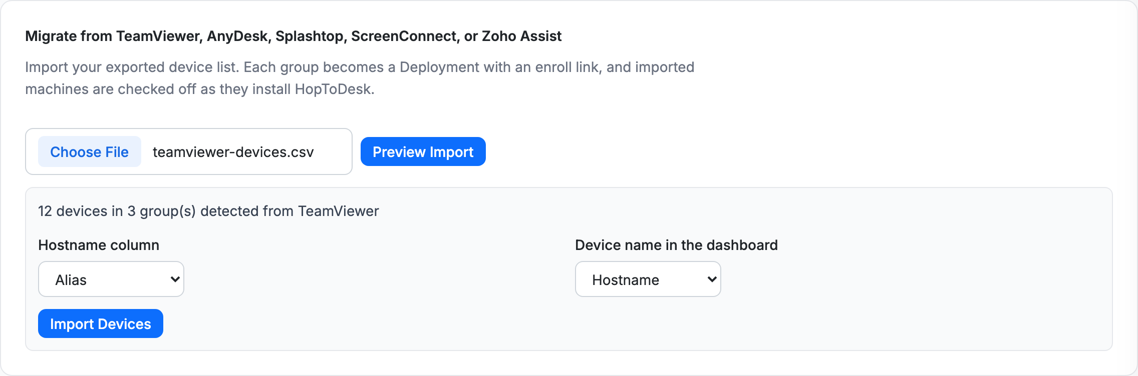 The import preview after uploading a TeamViewer device export, showing the devices and groups it found