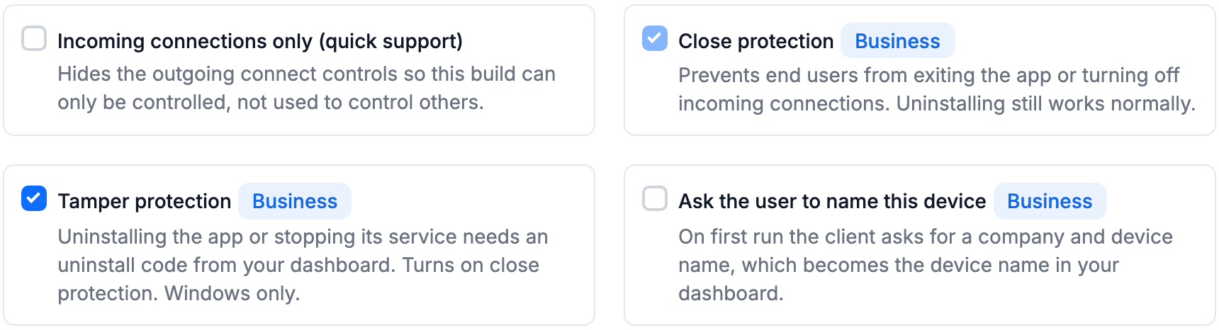 The Client Builder advanced options with Tamper protection ticked and Close protection turned on with it