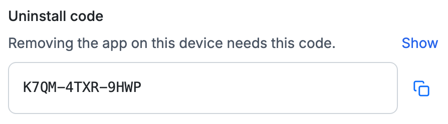 The Uninstall code row in a device's details, with a code shown and a copy button